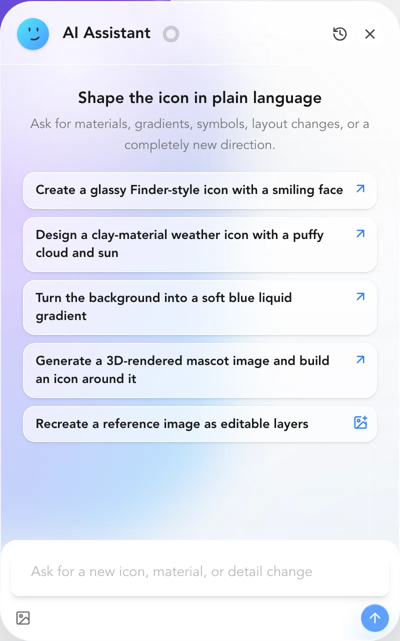 The AI assistant panel with prompt suggestions like “Create a glassy Finder-style icon with a smiling face”
