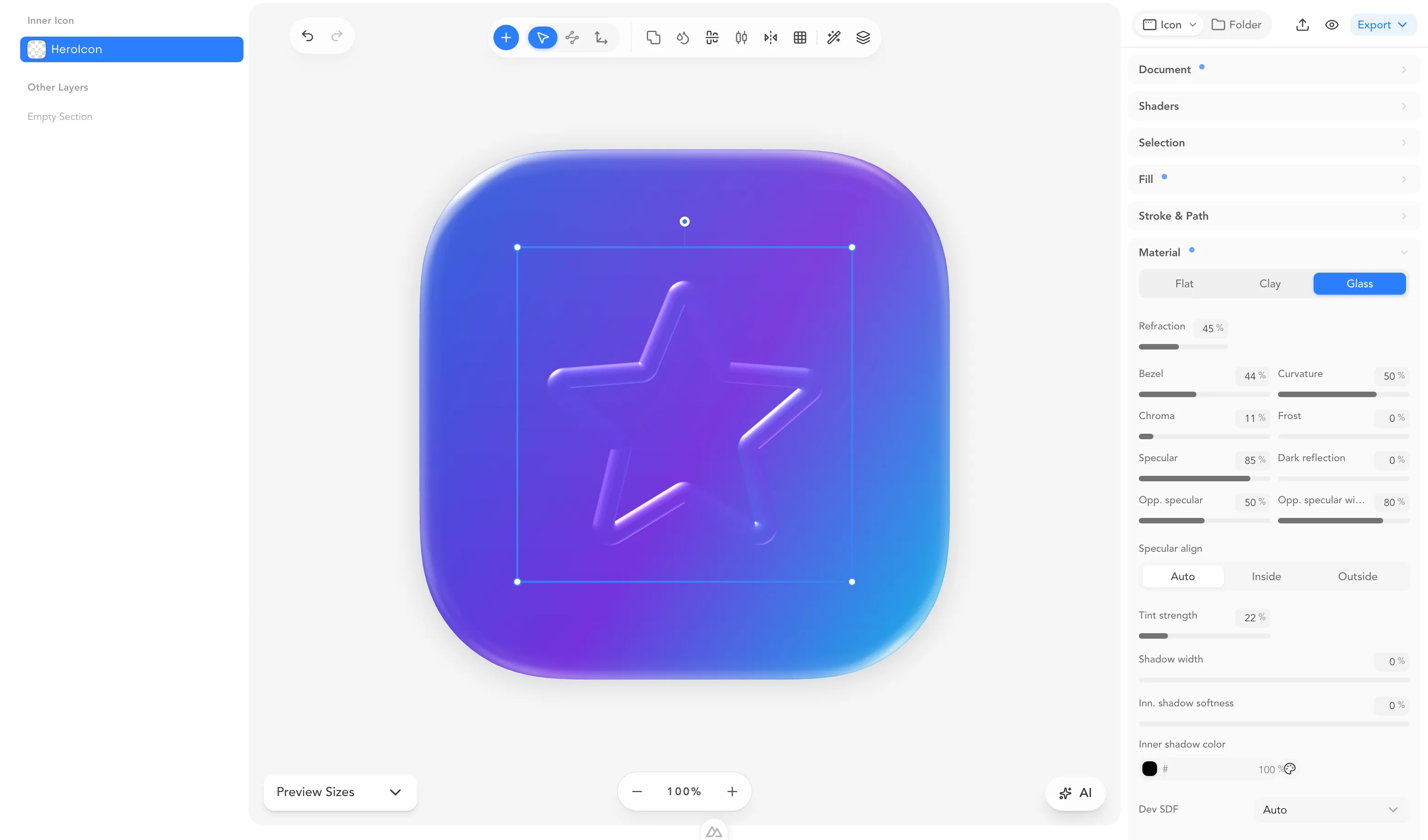 The macOSicons editor with a liquid-glass star icon on the canvas, the layer list on the left and the material inspector on the right