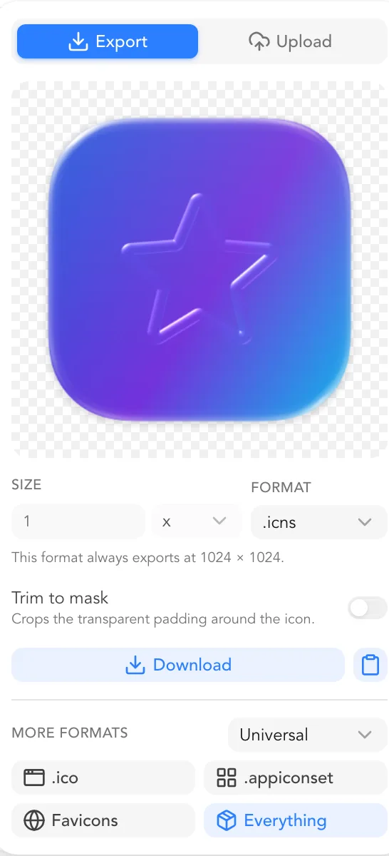 The export panel showing an icon preview with .icns selected and more formats: .ico, .appiconset, favicons and everything