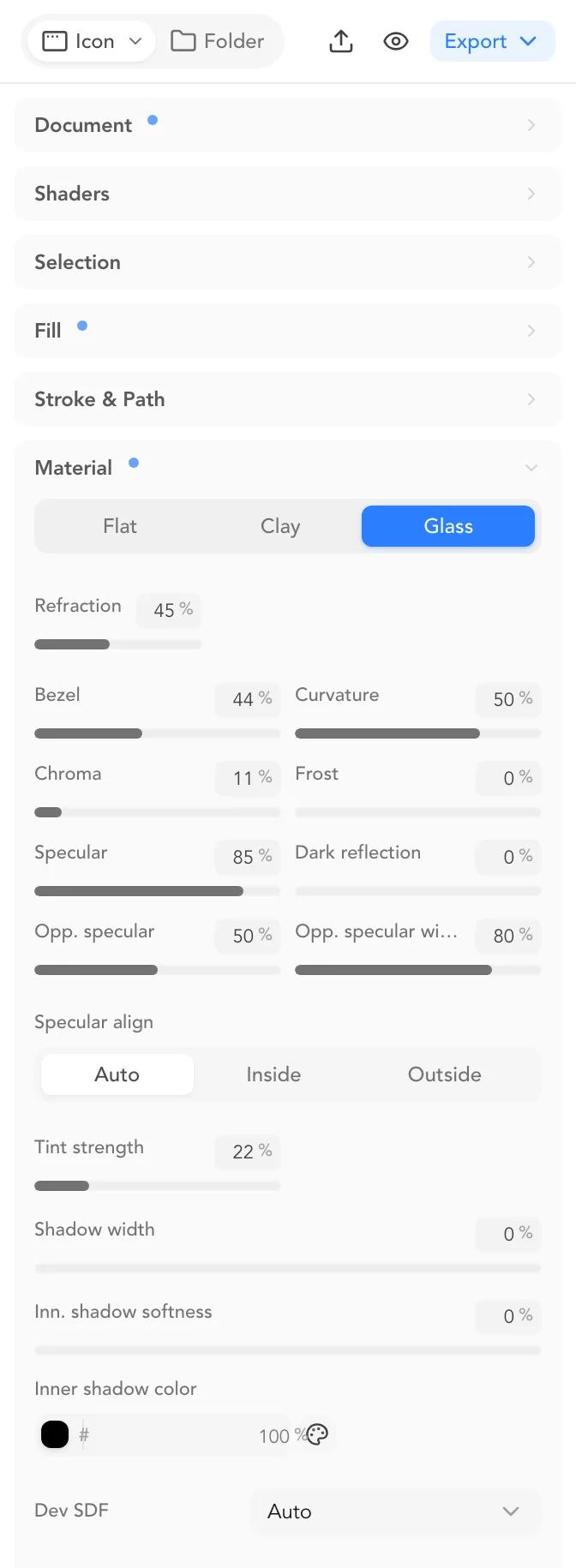 The material inspector with Flat, Clay and Glass tabs and sliders for refraction, bezel, specular and tint